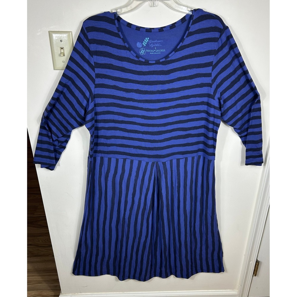 Gudrun Sjoden Tunic Dress L Blue Striped Tencel Lyocell Luxe EcoBOHO Art Teacher